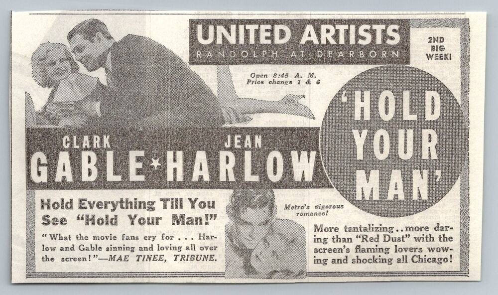 1933 Clark Gable Jean Harlow Hold Your Man Movie Ad Chicago Newspaper Ephemera